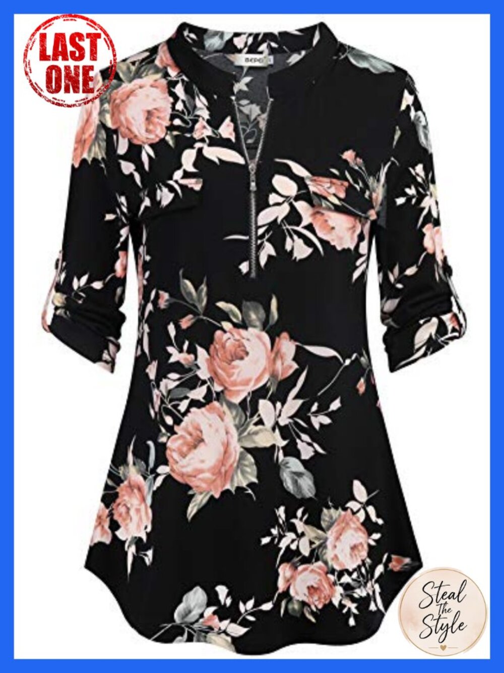 Womens Floral Zip Up V Neck 3/4 Sleeve Tunic Blouse Work Office Top